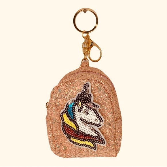 GLITTER UNICORN MINI BACKPACK COIN PURSE CHARM KEYCHAIN PINK - Picture 2 of 5